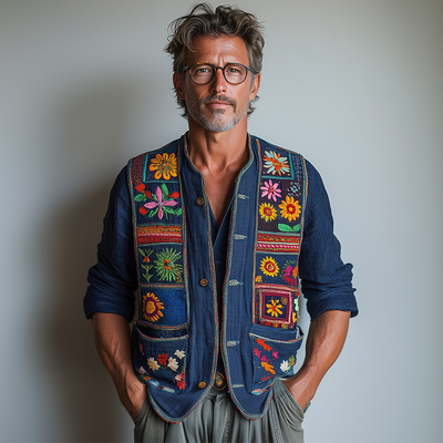 Chuck | Men'S Summer Fashion Premium Bohemian Embroidery Slub Linen Vest