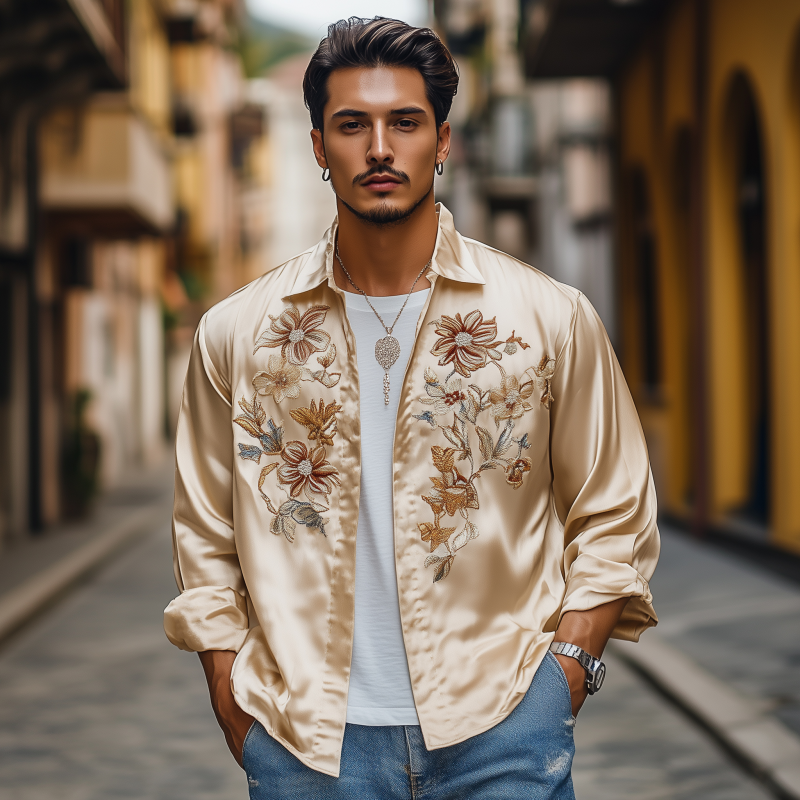 Harrison | Men'S Vintage Elegant Flower Embroidery Satin Lapel Stand Collar Loose Long Sleeve Shirt