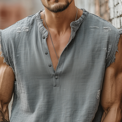 Leo | Men'S Summer Casual Tough Style Henley Collar Cotton Blended Raw Edge Ripped Tank Top