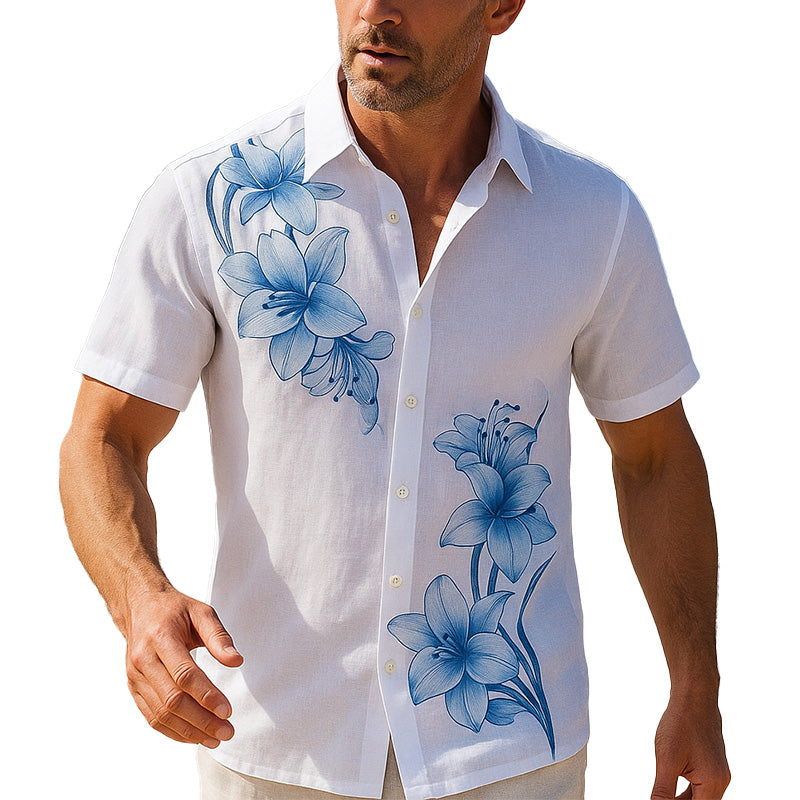 Marcelo | Men'S Summer Lightweight Breathable Floral Print Linen Short Sleeve Shirt