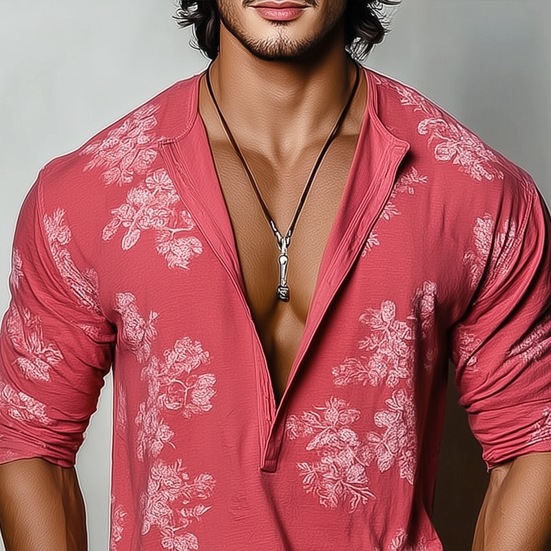 Men's Floral Henley Collar Long Sleeve T-shirtZ