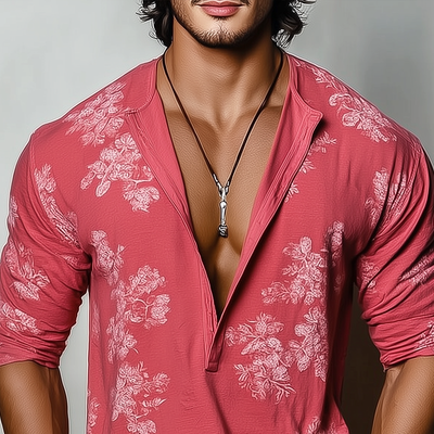 Men's Floral Henley Collar Long Sleeve T-shirtZ