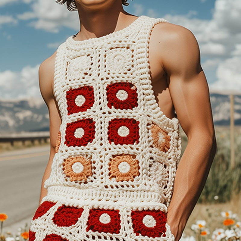 Lewis | Men'S Summer Fashion Casual Hollow Crochet Flower Knitted Vest Elastic Waist Shorts Set