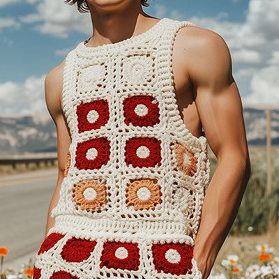 Lewis | Men'S Summer Fashion Casual Hollow Crochet Flower Knitted Vest Elastic Waist Shorts Set