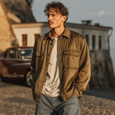 Alan | Men'S Casual Solid Color Tencel Blended Lapel Flap Pocket Loose Long Sleeve Shirt