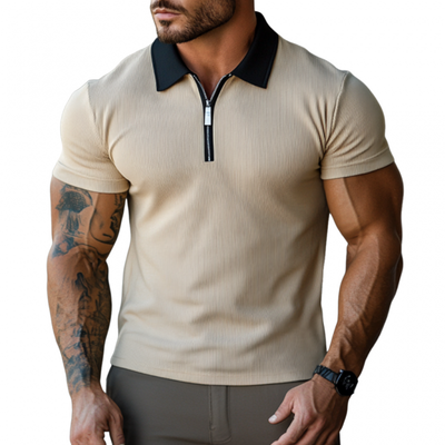 Donald | Men'S Casual Cotton Blended Ribbed Colorblock Zipper Lapel Slim Short Sleeve Polo Shirt