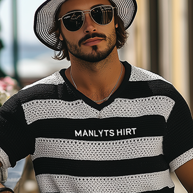 Max | Men'S Summer Fashion Casual V-Neck Knitted Black And White Horizontal Stripes Letter Embroidered Short-Sleeved T-Shirt