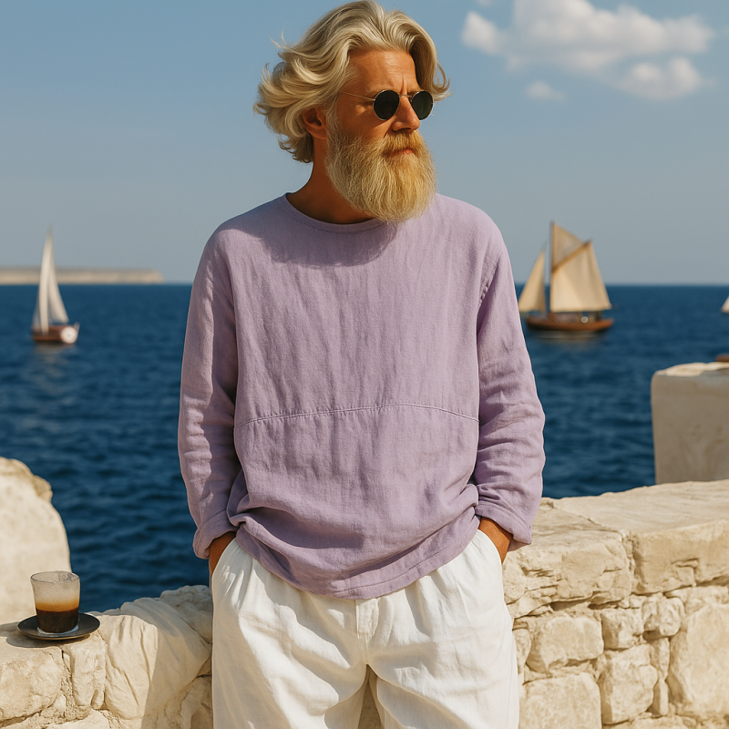 Theo | Men'S Casual Breathable Cotton Linen Round Neck Loose Long-Sleeved T-Shirt