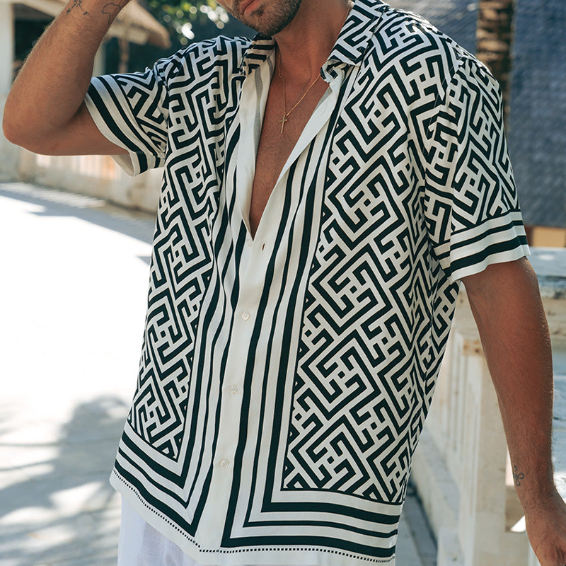 Men's Smmer Casal Tencel Cotn Printed Lapel Short Sleeve ShirtK