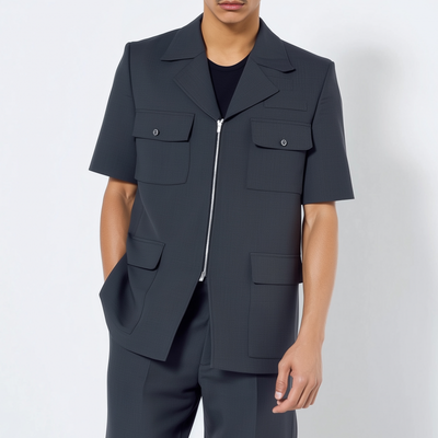 Vicente | Men'S Casual Solid Color Cotton Blend Notch Lapel Zipper Placket Multi-Pocket Short Sleeve Jacket