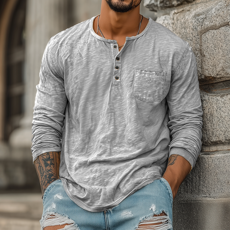 Trent | Men'S Spring And Summer Casual Tough Style Henry Collar Bamboo Cotton Long Sleeve T-Shirt