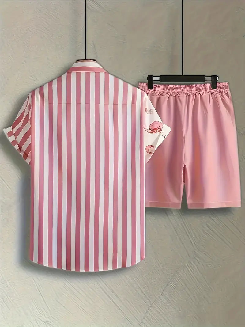 Zachary® | Men'S Shirt And Shorts Set With Flamingo And Stripe Graphic Print
