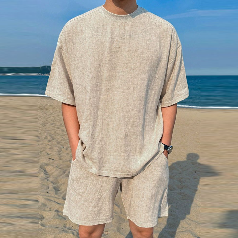 Cristian | Men'S Casual Breathable Linen Round Neck Oversize Short-Sleeved T-Shirt Elastic Waist Shorts Holiday Set