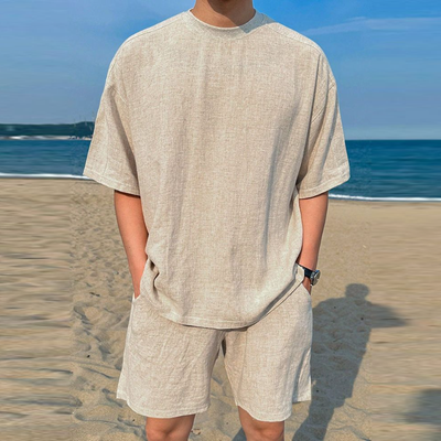 Cristian | Men'S Casual Breathable Linen Round Neck Oversize Short-Sleeved T-Shirt Elastic Waist Shorts Holiday Set