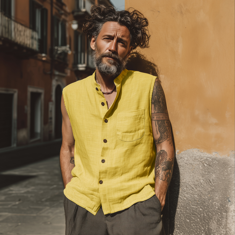 Terrance | Men'S Casual Breathable Linen Stand Collar Patch Pocket Loose Sleeveless Shirt