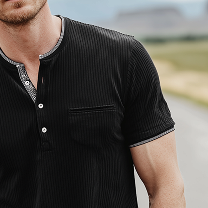 Ulysses | Men'S Spring And Summer Classic Casual Henley Collar Striped Textured Fabric Slim Fit Short Sleeve T-Shirt