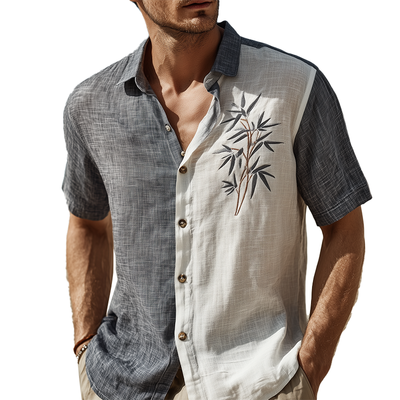 Walter | Men'S Summer Fashion Leaf Embroidery Slub Linen Short Sleeve Shirt