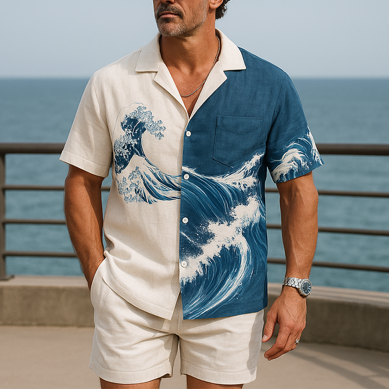 Edgar | Men'S Summer Fashion Wave Printed Cotton And Linen Short Sleeve Shirt