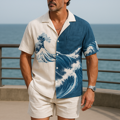 Edgar | Men'S Summer Fashion Wave Printed Cotton And Linen Short Sleeve Shirt