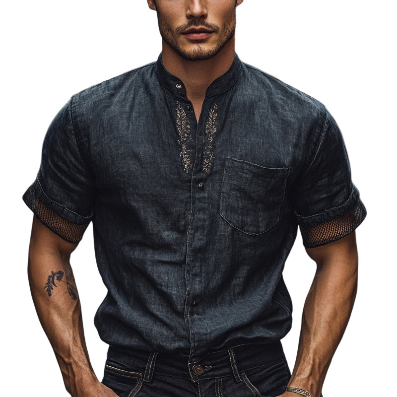 Ivan | Men'S Solid Color Embroidered Stand Collar Short Sleeve Shirt