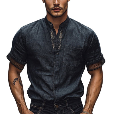 Ivan | Men'S Solid Color Embroidered Stand Collar Short Sleeve Shirt