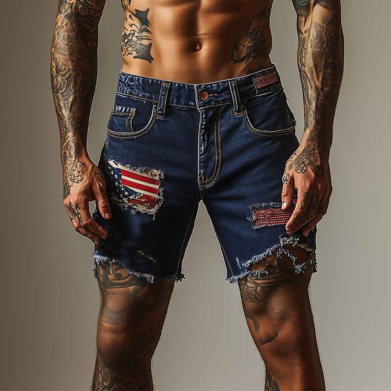 Clyde | Men'S American Flag Washed Ripped Denim Shorts