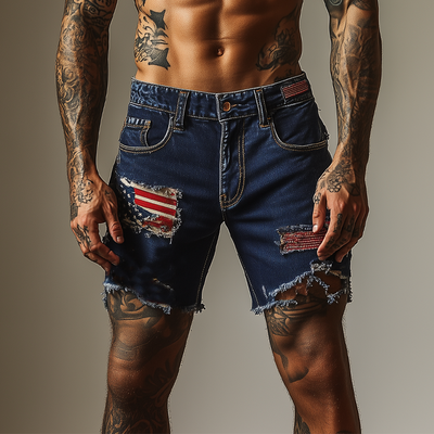 Clyde | Men'S American Flag Washed Ripped Denim Shorts