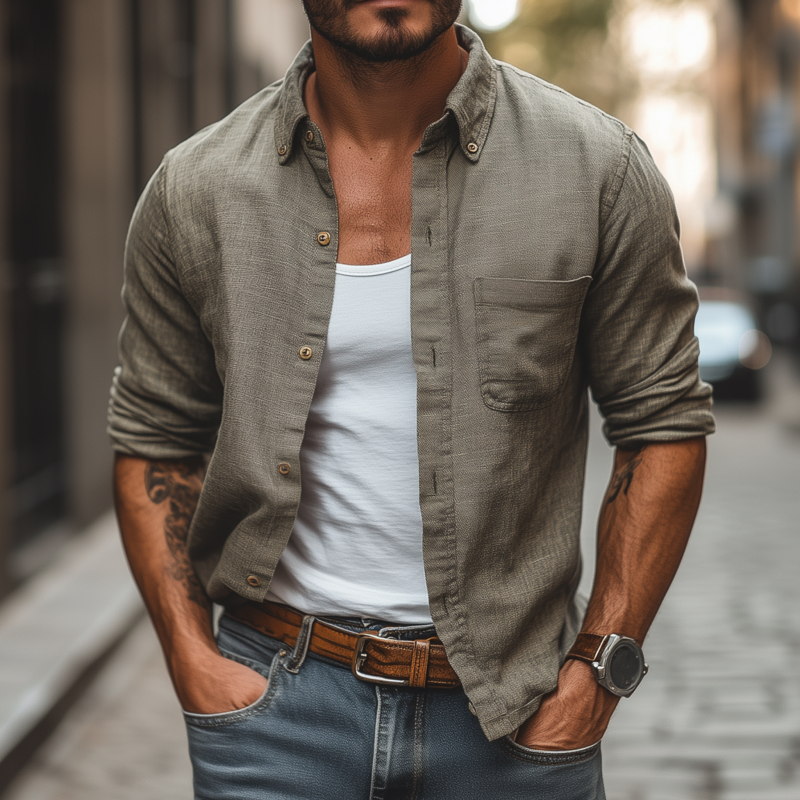 Stacy | Men'S Casual Breathable Linen Lapel Patch Pocket Slim Fit Long Sleeve Shirt