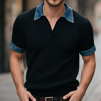 Craig | Men'S Retro Casual Waffle Stitching Denim Lapel Short Sleeve T-Shirt