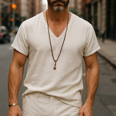 Stuart | Men'S Summer Breathable And Comfortable Linen Lace V-Neck Short-Sleeved T-Shirt
