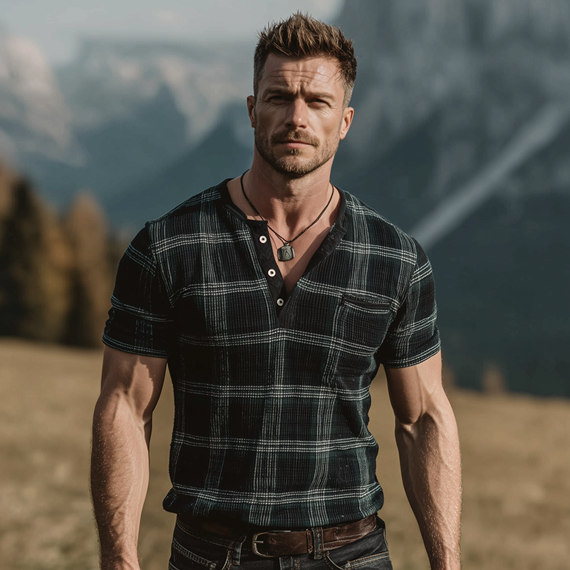 Howard | Men'S Retro Casual Plaid Print Henley Short Sleeve T-Shirt