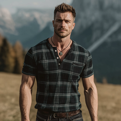 Howard | Men'S Retro Casual Plaid Print Henley Short Sleeve T-Shirt