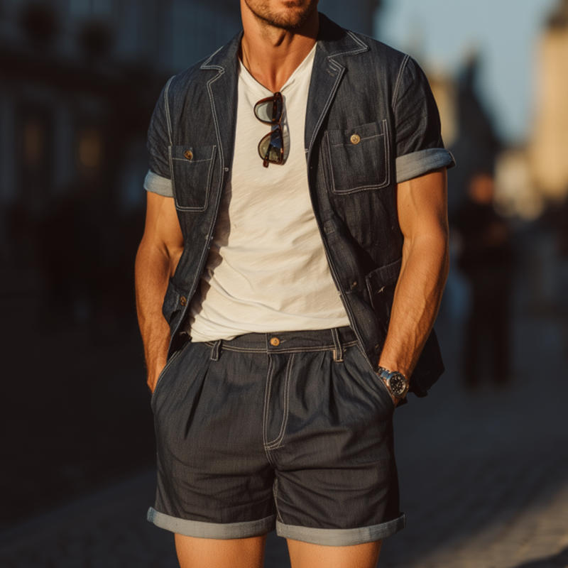 Daniel | Men'S Casual Outdoor Denim Washed Cuban Collar Multi-Pocket Short-Sleeved Shirt Suit Shorts Set