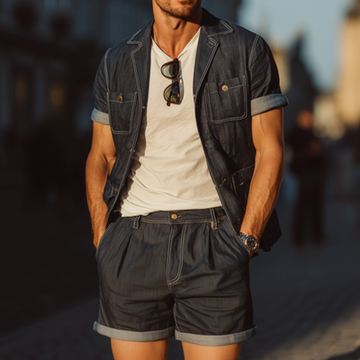Daniel | Men'S Casual Outdoor Denim Washed Cuban Collar Multi-Pocket Short-Sleeved Shirt Suit Shorts Set