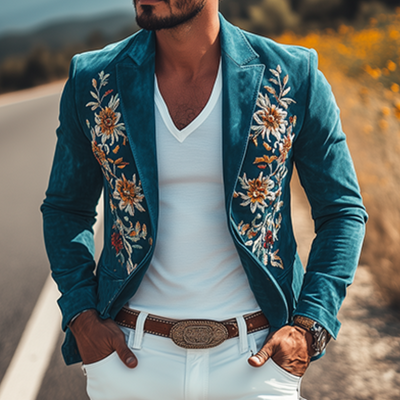 Men's Classic Retro Casal SliFit Western Style Embroidered Sheepskin Sede Blazer