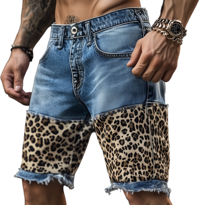 Dennis | Men'S Casual Outdoor Washed Raw Edge Distressed Leopard Patchwork Slim Fit Denim Shorts