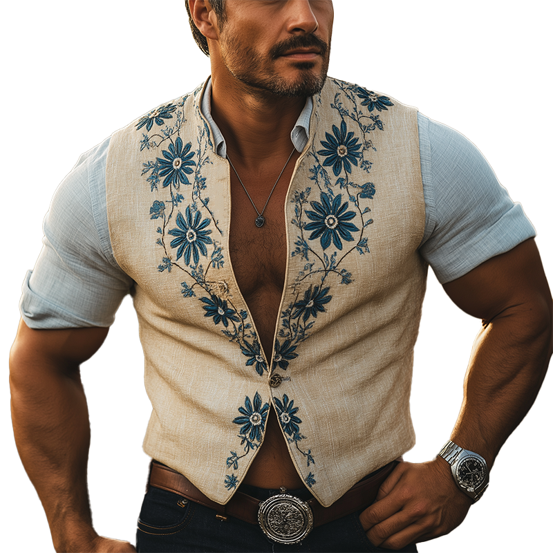 Leo | Men'S Summer Fashion Embroidered Linen Blend Sleeveless Vest