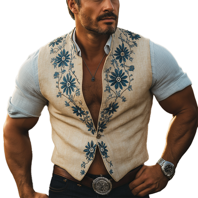 Leo | Men'S Summer Fashion Embroidered Linen Blend Sleeveless Vest