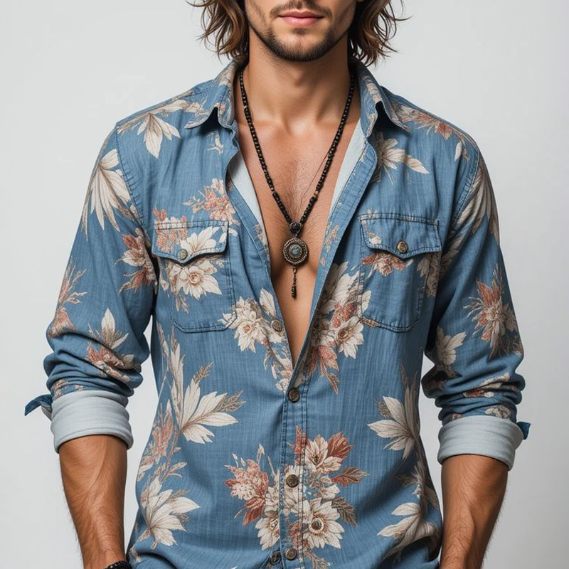 Men's Floral Lapel Chest Pocket Long Sleeve ShirtZ