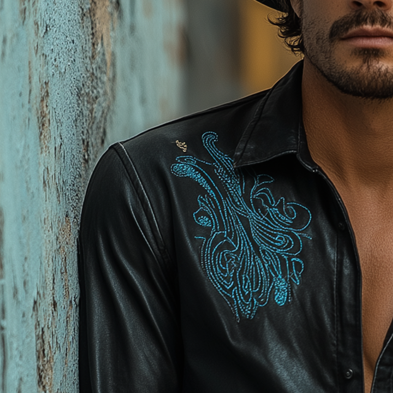 James | Men'S Western Embroidered Faux Leather Long Sleeve Shirt