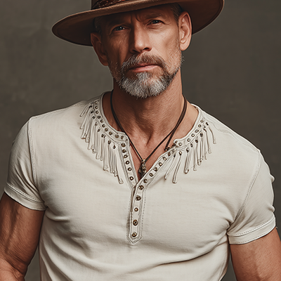 Nate | Men'S Spring And Summer New American Retro Western Denim Cotton Blend Tassel And Metal Rivet Henry Collar Slim Short Sleeve T-Shirt