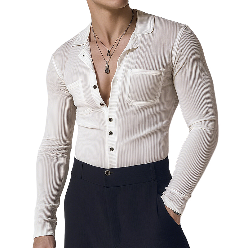 Herbert | Men'S Retro Casual Solid Color Double Pocket Lapel Long Sleeve Shirt