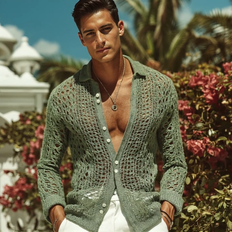 Men's Retro Casal Hollownit Lapel Long Sleeve Shirt