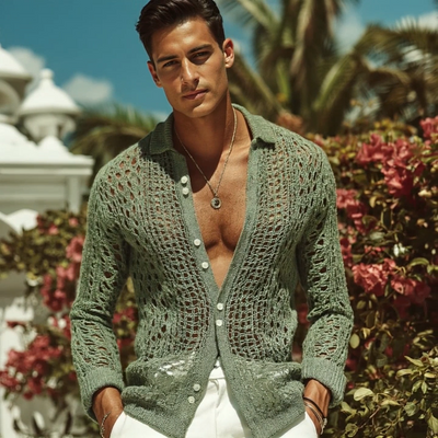 Men's Retro Casal Hollownit Lapel Long Sleeve Shirt