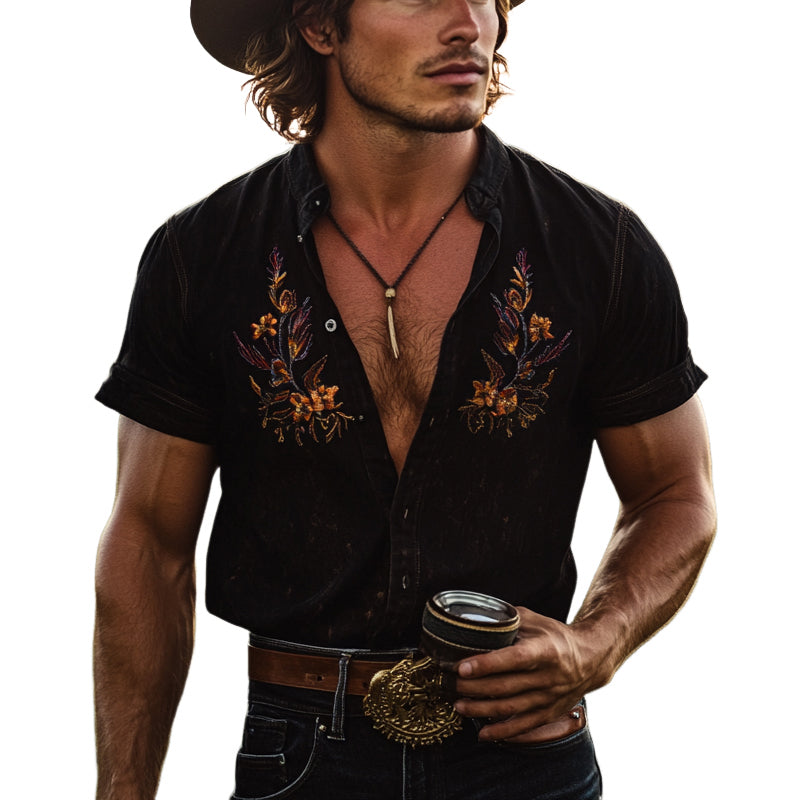 Men's Vine Embroidered Lapel Short Sleeve ShirtX