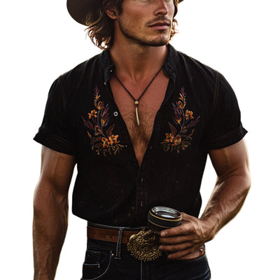 Men's Vine Embroidered Lapel Short Sleeve ShirtX