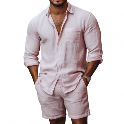 Vic | Men'S Casual Breathable Solid Color Linen Lapel Patch Pocket Long Sleeve Shirt Loose Shorts Set
