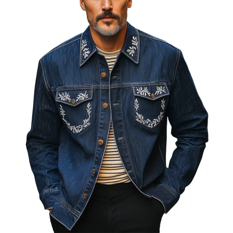 Jamal | Men'S Silver Vintage Embroidery Long Sleeve Denim Shirt