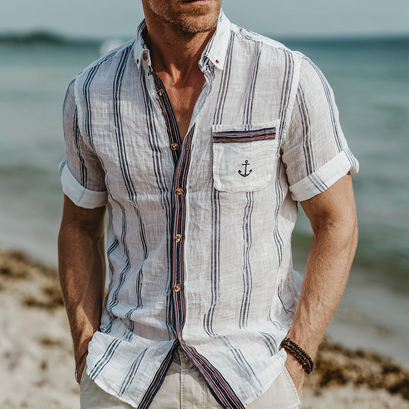 Armand | Men'S Stripe Print Lapel Short Sleeve Shirt