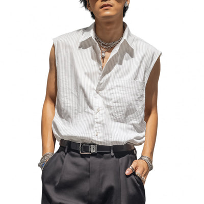 Lamar | Men'S Casual Breathable Cotton Striped Lapel Patch Pocket Loose Sleeveless Shirt